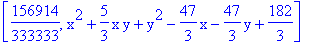 [156914/333333, x^2+5/3*x*y+y^2-47/3*x-47/3*y+182/3]